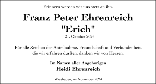 Traueranzeige von Franz Peter Ehrenreich von Wiesbadener Kurier