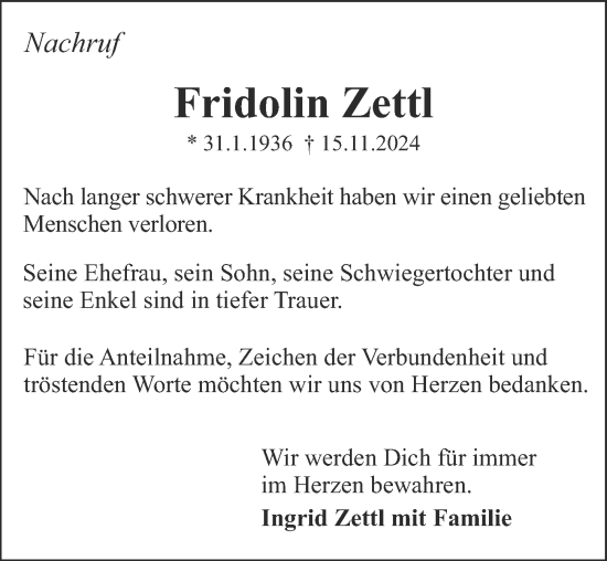 Traueranzeige von Fridolin Zettl von Darmstädter Echo