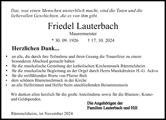 Traueranzeige von Friedel Lauterbach von Allgemeine Zeitung Rheinhessen-Nahe