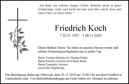 Traueranzeige von Friedrich Koch von Allgemeine Zeitung Mainz