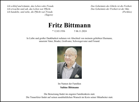 Traueranzeige von Fritz Bittmann von Allgemeine Zeitung Rheinhessen-Nahe