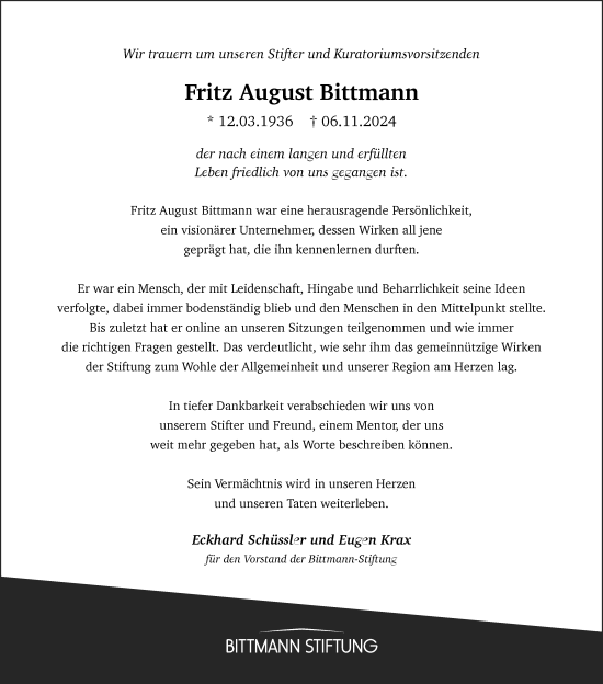 Traueranzeige von Fritz Bittmann von Allgemeine Zeitung Rheinhessen-Nahe