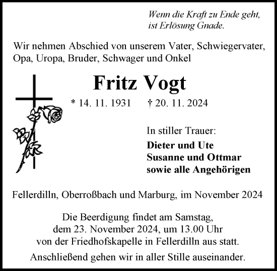 Traueranzeige von Fritz Vogt von Dill Block