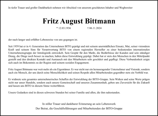 Traueranzeige von Fritz August Bittmann von Allgemeine Zeitung Rheinhessen-Nahe