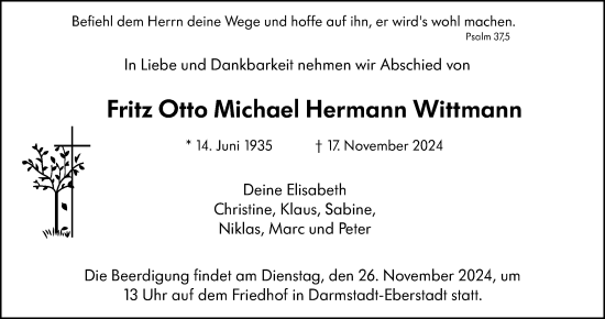 Traueranzeige von Fritz Otto Michael Hermann Wittmann von Darmstädter Echo