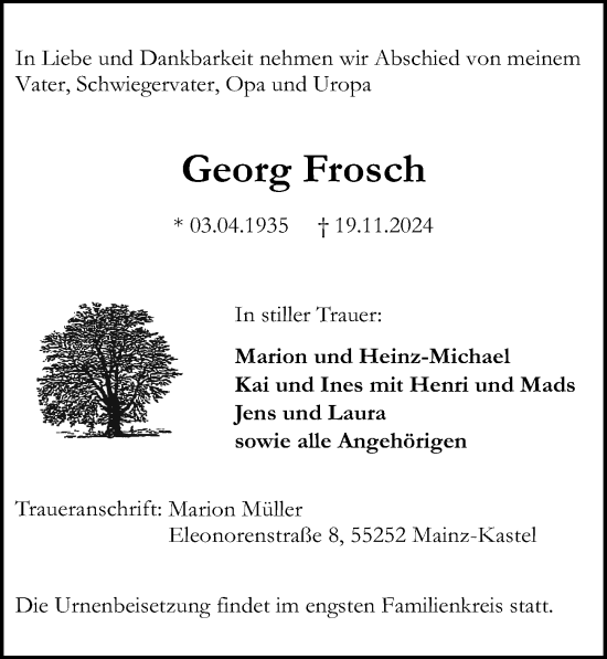 Traueranzeige von Georg Frosch von Allgemeine Zeitung Mainz