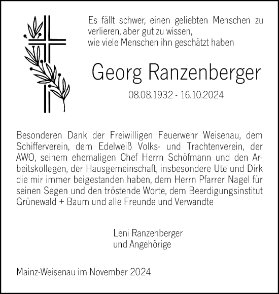 Traueranzeige von Georg Ranzenberger von Allgemeine Zeitung Mainz