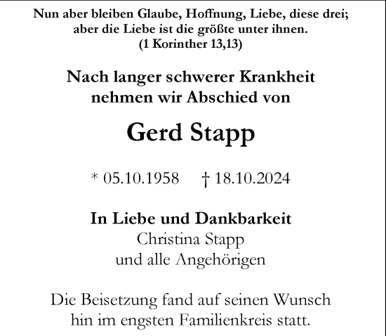 Traueranzeige von Gerd Stapp von Darmstädter Echo