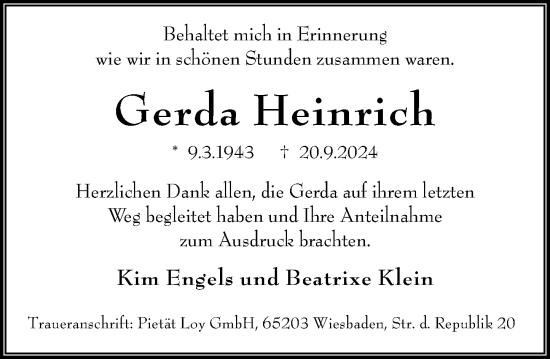 Traueranzeige von Gerda Heinrich von Wiesbadener Kurier