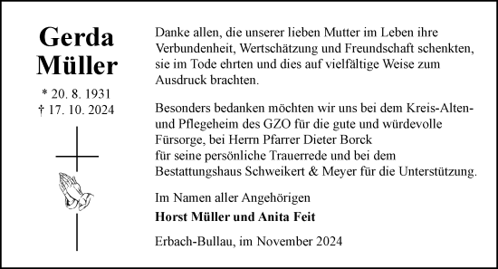 Traueranzeige von Gerda Müller von Odenwälder Echo