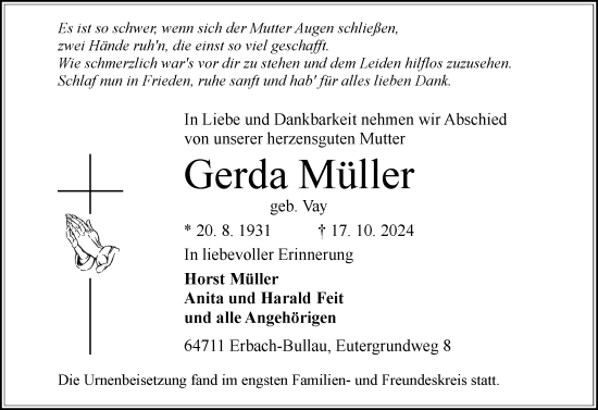 Traueranzeige von Gerda Müller von Odenwälder Echo