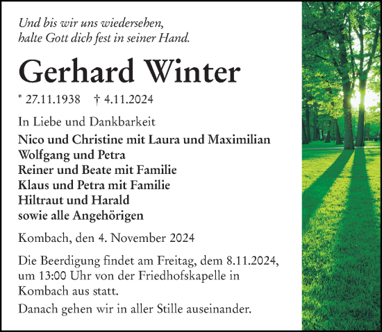 Traueranzeige von Gerhard Winter von Hinterländer Anzeiger