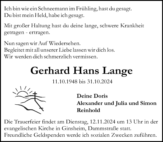 Traueranzeige von Gerhard Hans Lange von Allgemeine Zeitung Mainz