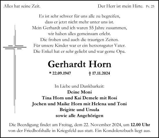 Traueranzeige von Gerhardt Horn von Allgemeine Zeitung Alzey