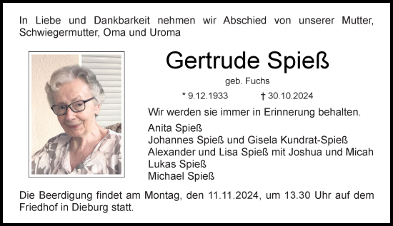 Traueranzeige von Gertrude Spieß von Dieburger Anzeiger/Groß-Zimmerner Lokal-Anzeiger