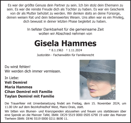 Traueranzeige von Gisela Hammes von Allgemeine Zeitung Mainz