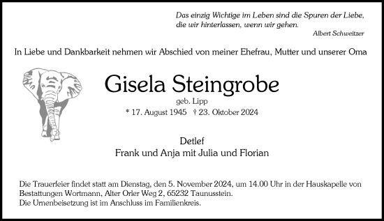 Traueranzeige von Gisela Steingrobe von Wiesbadener Kurier