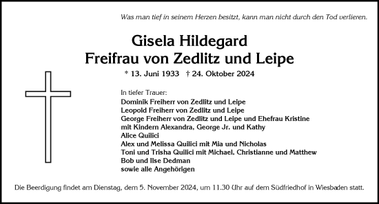 Traueranzeige von Gisela Hildegard Freifrau von Zedlitz und Leipe von Wiesbadener Kurier