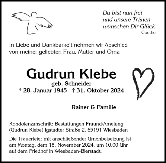 Traueranzeige von Gudrun Klebe von Wiesbadener Kurier