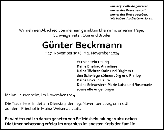 Traueranzeige von Günter Beckmann von Allgemeine Zeitung Mainz