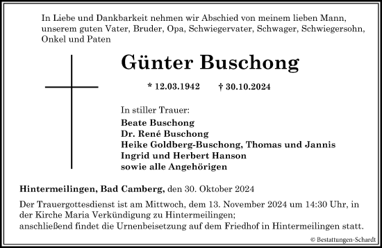 Traueranzeige von Günter Buschong von Camberger Anzeiger