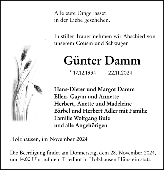 Traueranzeige von Günter Damm von Hinterländer Anzeiger