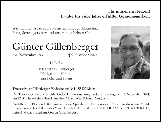 Traueranzeige von Günter Gillenberger von Allgemeine Zeitung Mainz