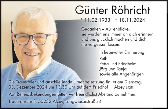 Traueranzeige von Günter Röhricht von Allgemeine Zeitung Alzey