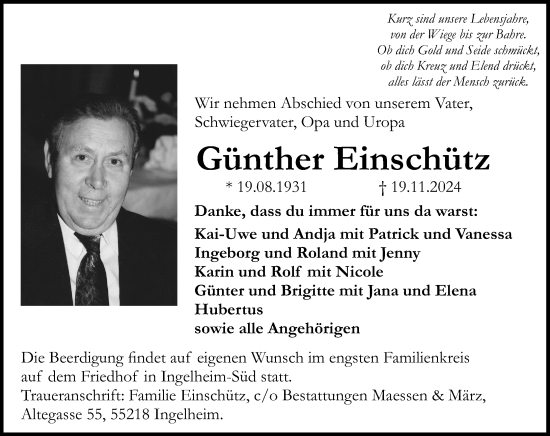 Traueranzeige von Günther Einschütz von Allgemeine Zeitung Rheinhessen-Nahe