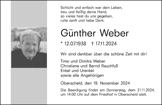 Traueranzeige von Günther Weber von Dill Block