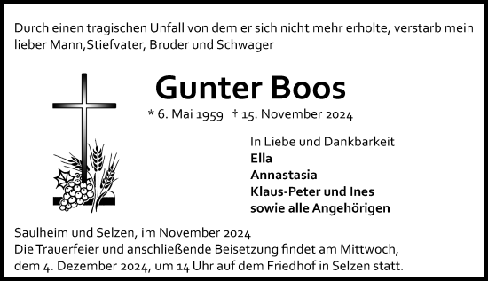 Traueranzeige von Gunter Boos von Allgemeine Zeitung Alzey