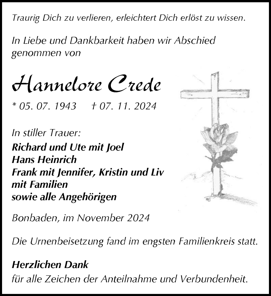  Traueranzeige für Hannelore Crede vom 30.11.2024 aus Wetzlarer Neue Zeitung