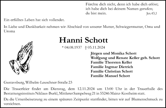 Traueranzeige von Hanni Schott von Allgemeine Zeitung Mainz