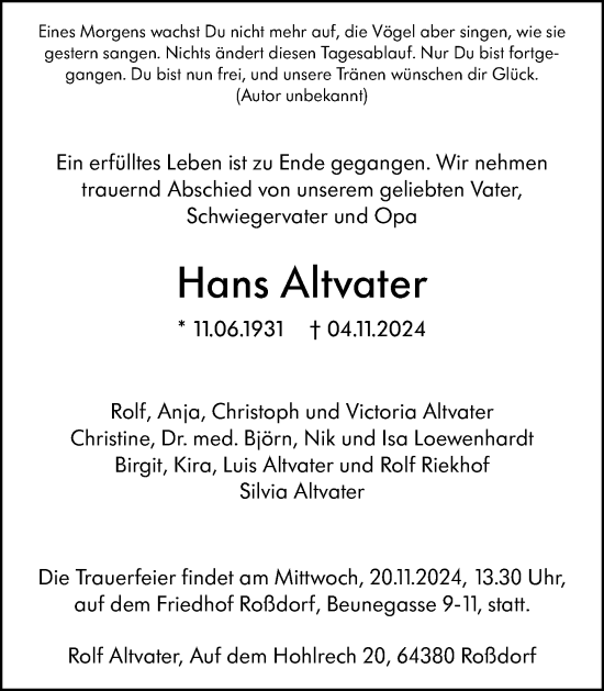 Traueranzeige von Hans Altvater von Darmstädter Echo