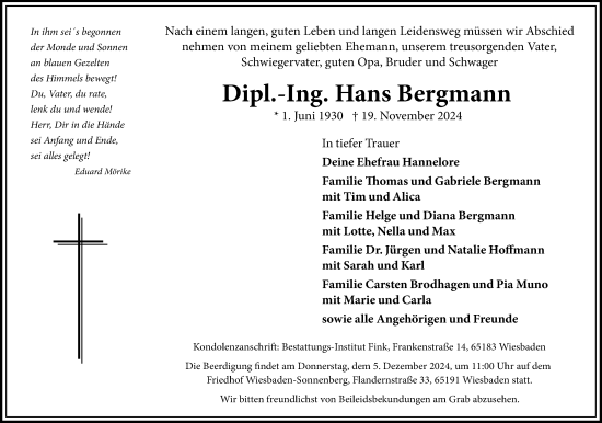 Traueranzeige von Hans Bergmann von Wiesbadener Kurier