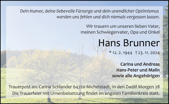 Traueranzeige von Hans Brunner von Odenwälder Echo