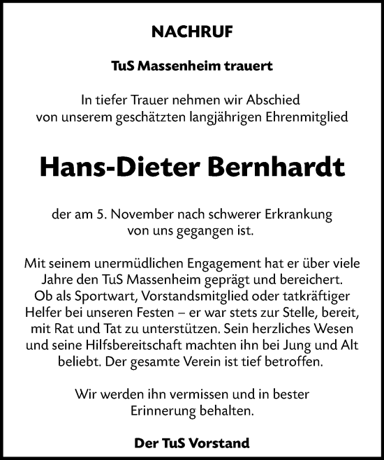 Traueranzeige von Hans-Dieter Bernhardt von Hochheimer Zeitung