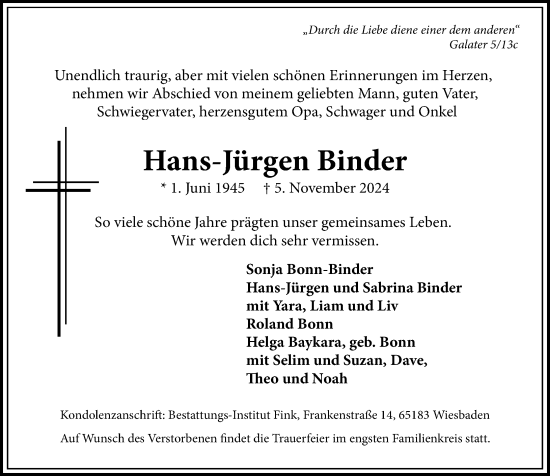 Traueranzeige von Hans-Jürgen Binder von Wiesbadener Kurier