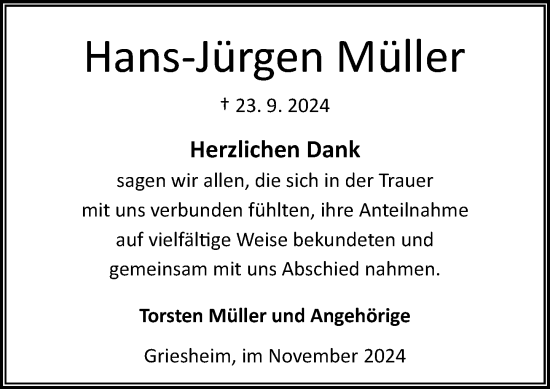 Traueranzeige von Hans-Jürgen Müller von Odenwälder Echo