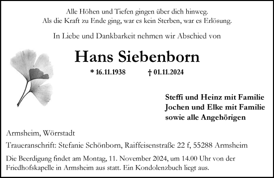 Traueranzeige von Hans Siebenborn von Allgemeine Zeitung Alzey