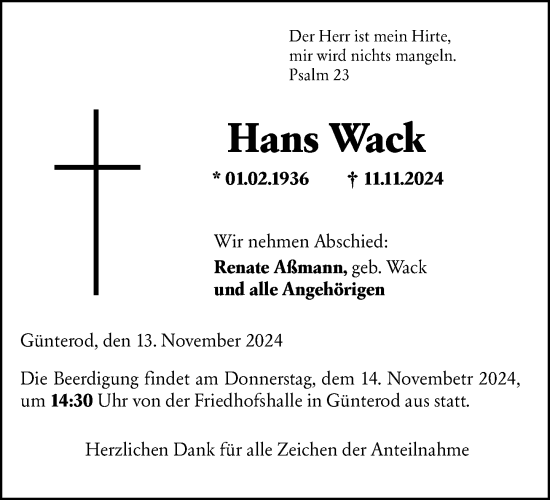 Traueranzeige von Hans Wack von Hinterländer Anzeiger