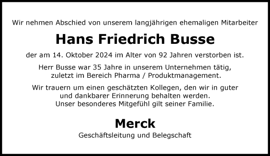 Traueranzeige von Hans Friedrich Busse von Darmstädter Echo