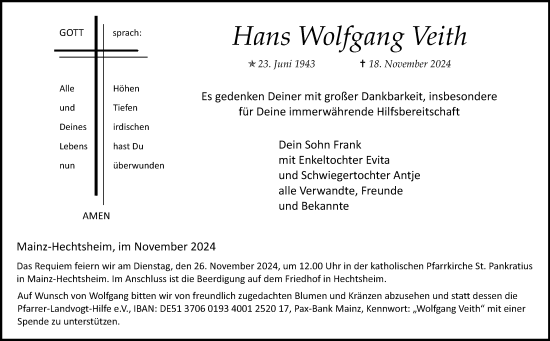 Traueranzeige von Hans Wolfgang Veith von Allgemeine Zeitung Mainz