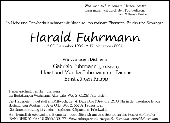 Traueranzeige von Harald Fuhrmann von Wiesbadener Kurier