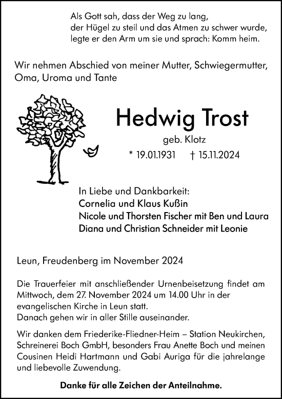 Traueranzeige von Hedwig Trost von Wetzlarer Neue Zeitung