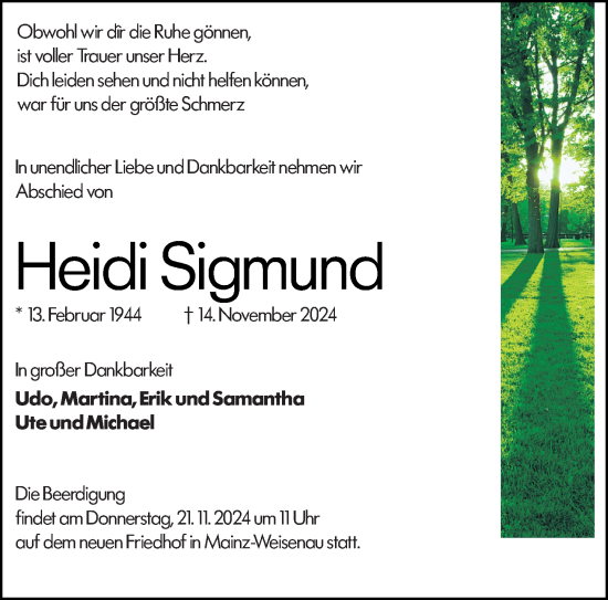 Traueranzeige von Heidi Sigmund von Allgemeine Zeitung Mainz