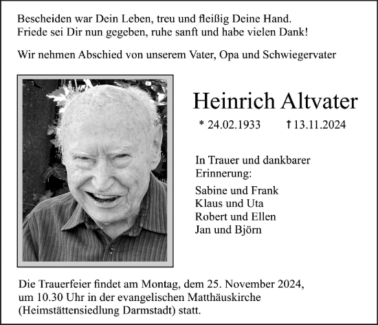 Traueranzeige von Heinrich Altvater von Darmstädter Echo