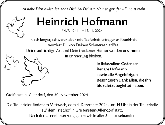 Traueranzeige von Heinrich Hofmann von Wetzlarer Neue Zeitung