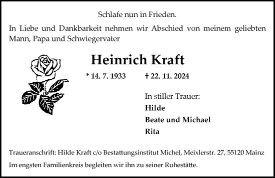 Traueranzeige von Heinrich Kraft von Allgemeine Zeitung Mainz