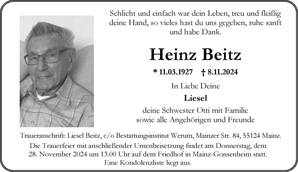  Traueranzeige für Heinz Beitz vom 23.11.2024 aus Allgemeine Zeitung Mainz